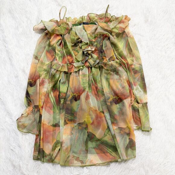 Women ZARA Floral Tulle Off Shoulder Mini Dress in Green Yellow Size Small - Picture 5 of 8